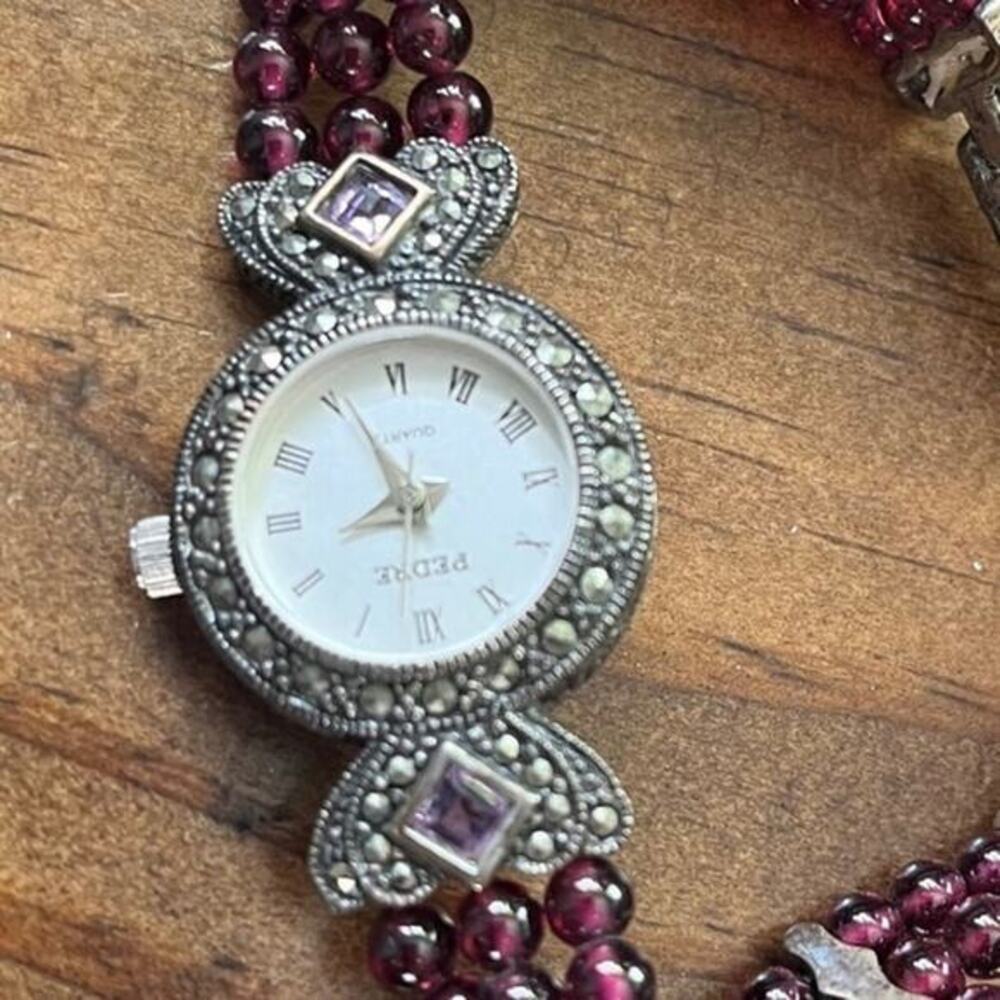 Gorgeous Vintage Genuine Sterling Silver Garnet and Marcasite Art Deco Watch